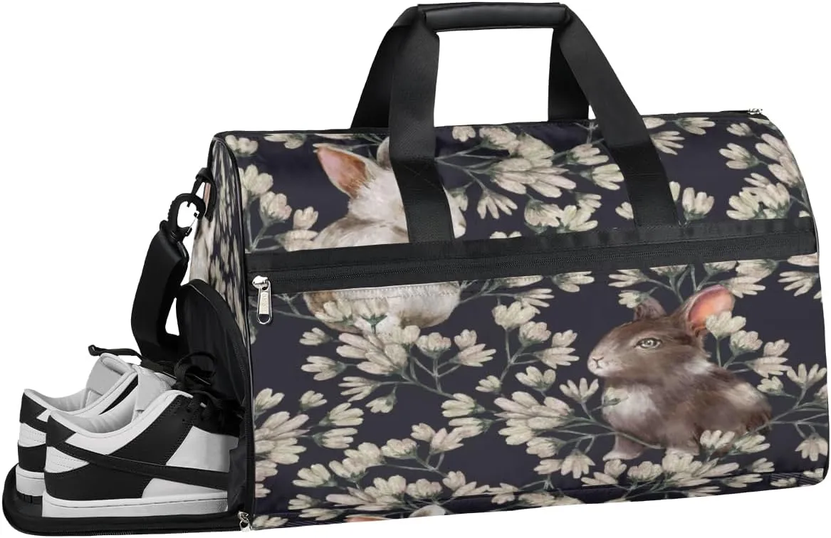 QsirBC Floral Rabbits Style Gym Bag for Women Duffle Tote with Shoes Compartment Men Weekender Duffel For Travel Sports Swimming Overnight