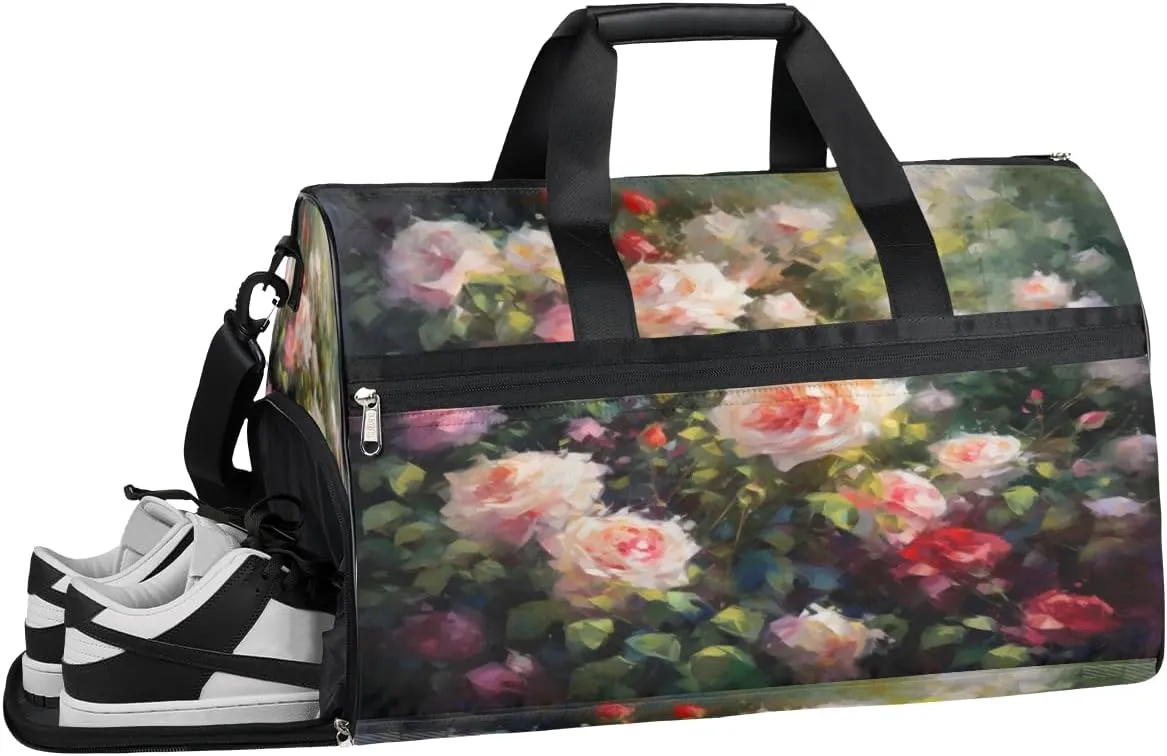 QsirBC Rose Flowers Design Gym Bag for Women Duffle Tote with Shoes Compartment Men Weekender Duffel for Travel Swimming Sports Overnight