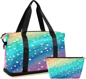 Rainbow Stars Stripes Sports Gym Bag,Travel Duffel bag with Wet Pocket & Shoes Compartment Lightweight Waterproof Overnight Bag for Men Women