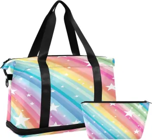 Rainbow Stars Stripes Sports Gym Bag,Travel Duffel bag with Wet Pocket & Shoes Compartment Lightweight Waterproof Overnight Bag for Men Women