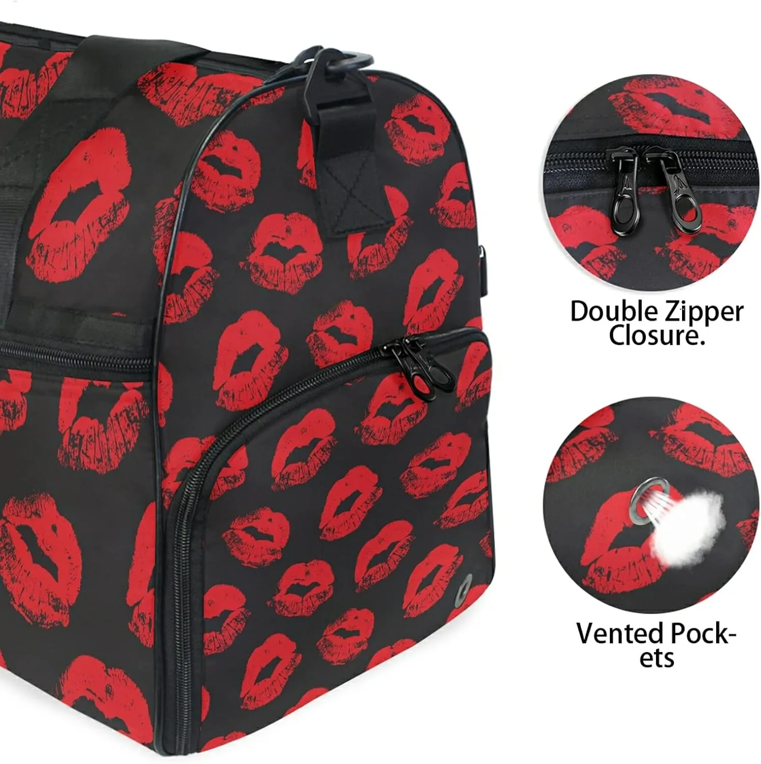 Red Lips Kiss Prints Travel Duffel Bag Luggage Sports Gym Bag With Shoes Compartment Large Capacity Lightweight Duffle Bag For Men Women