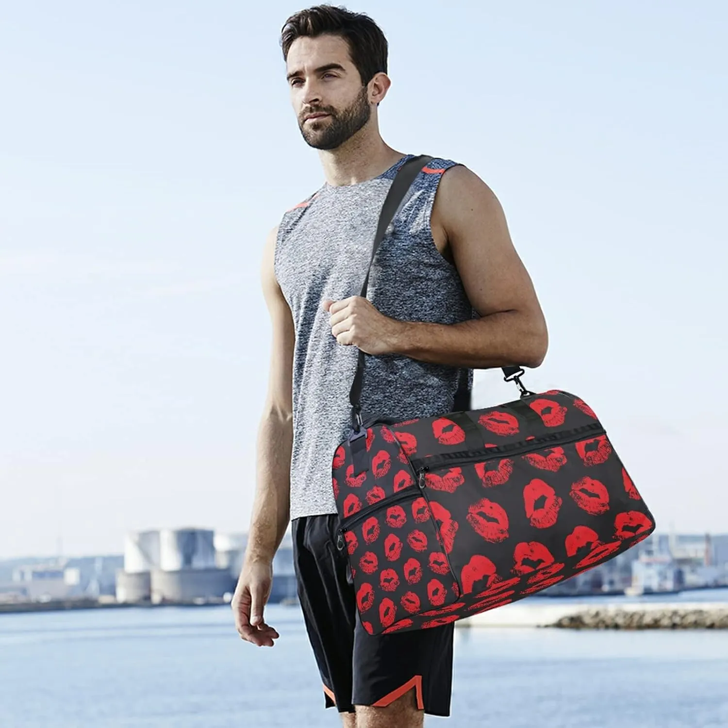 Red Lips Kiss Prints Travel Duffel Bag Luggage Sports Gym Bag With Shoes Compartment Large Capacity Lightweight Duffle Bag For Men Women