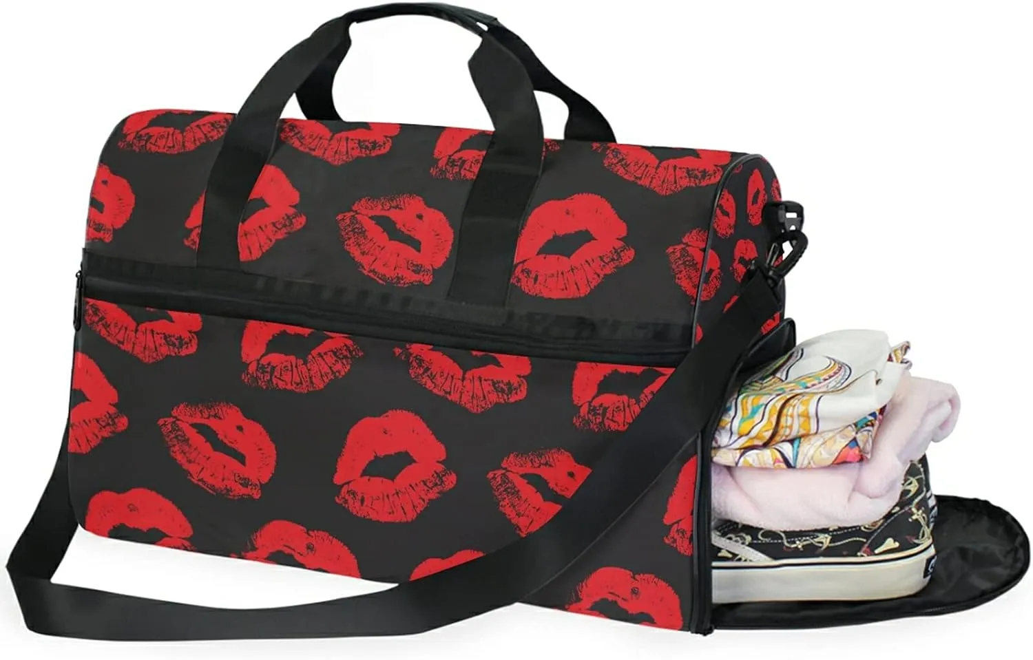 Red Lips Kiss Prints Travel Duffel Bag Luggage Sports Gym Bag With Shoes Compartment Large Capacity Lightweight Duffle Bag For Men Women