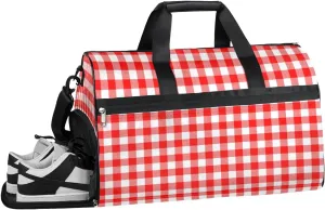Red Plaid Resistant Sports Gym Bag for Women Men Travel Duffel bag with Wet Pocket & Shoes Compartment Waterproof Weekender Bag 19.7"x9.9"x13"