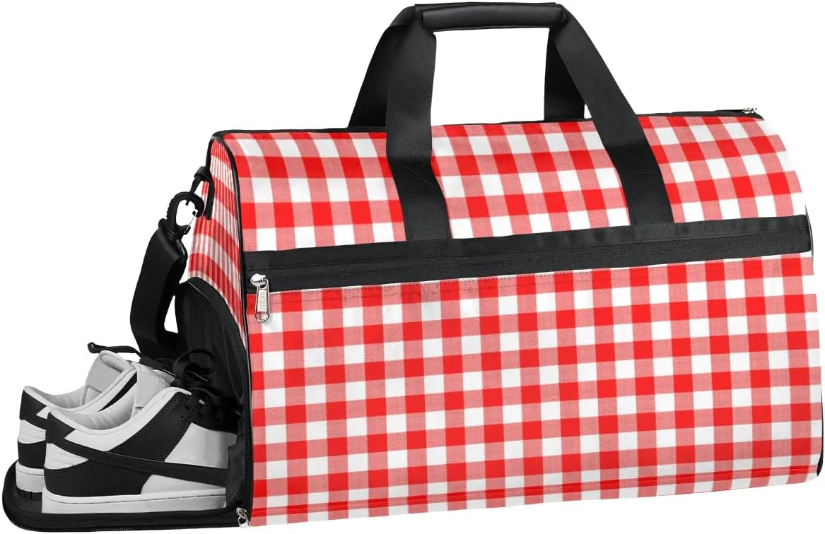 Red Plaid Resistant Sports Gym Bag for Women Men Travel Duffel bag with Wet Pocket & Shoes Compartment Waterproof Weekender Bag 19.7"x9.9"x13"