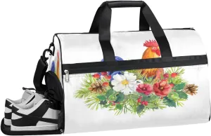Rooster Flower Retro Gym Bag for Men Women Fitness Workout Sports Duffle Bag with Shoes Compartment Water Resistant Overnight Weekender Duffel Bag