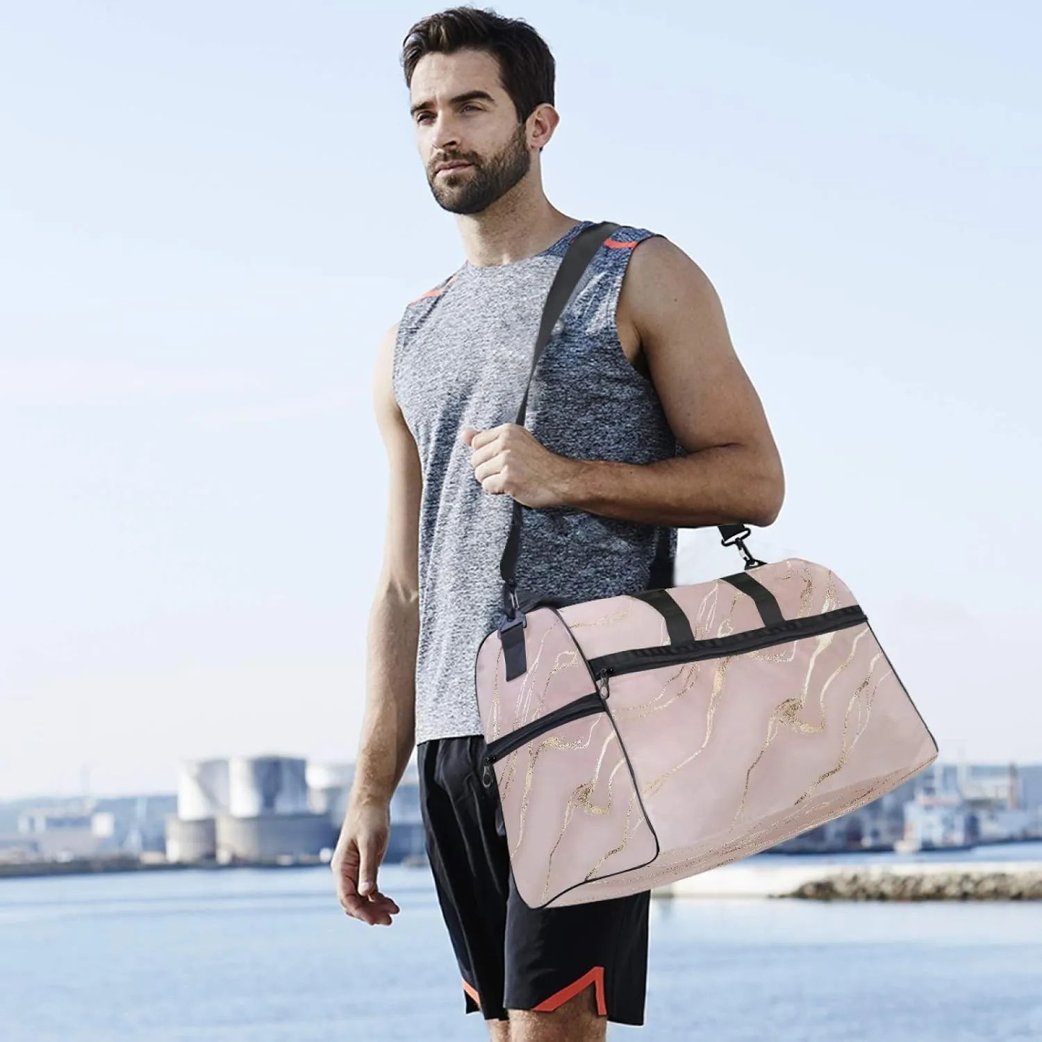 Rose Gold Marble Print Travel Duffel Bag Luggage Sports Gym Bag With Shoes Compartment Large Capacity Lightweight Duffle Bag For Men Women