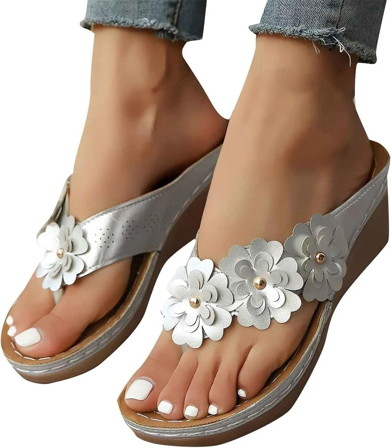 Sandals for Women Comfortable Wedge Platform Flip Flops Flat Open Toe Silppers Dressy Casual Walking Shoes Chic Flower Beach Vacation Sandals with Arch Support