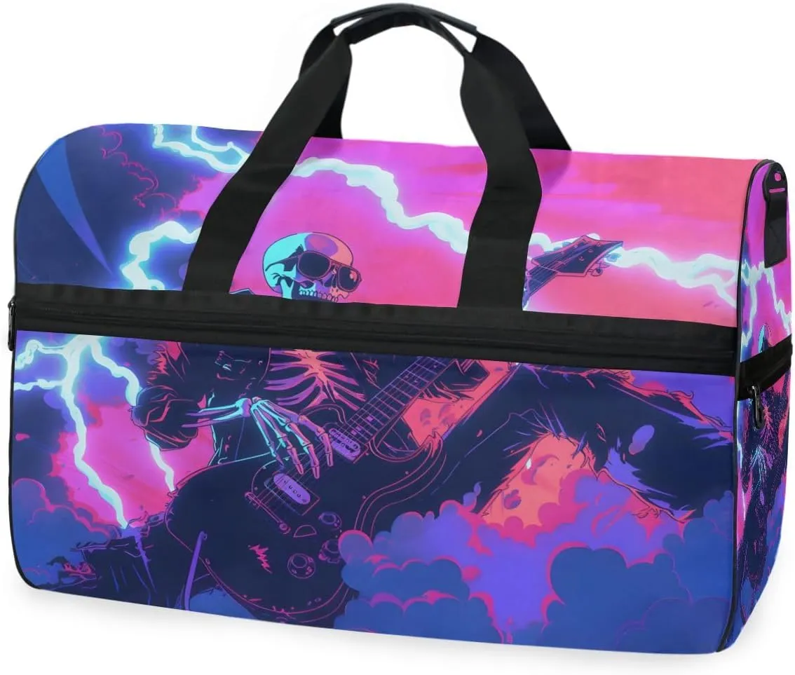 Skeleton Rock Band Travel Duffel Bag Luggage Sports Gym Bags With Shoes Compartment Large Capacity Lightweight Duffle Bag For Men Women