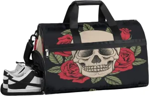 Skull Flower Art Gym Bag for Men Women Fitness Workout Sports Duffle Bag with Shoes Compartment Water Resistant Overnight Weekender Duffel Bag