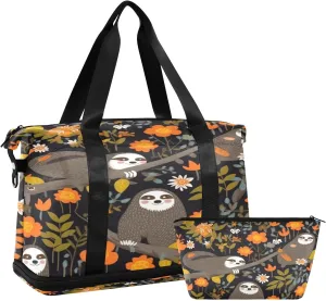 Sloths with Flowers Gym Bag for Men Women with Shoes Compartment & Wet Pocket Sport Travel Duffel Bag Waterproof Weekender Overnight Bag