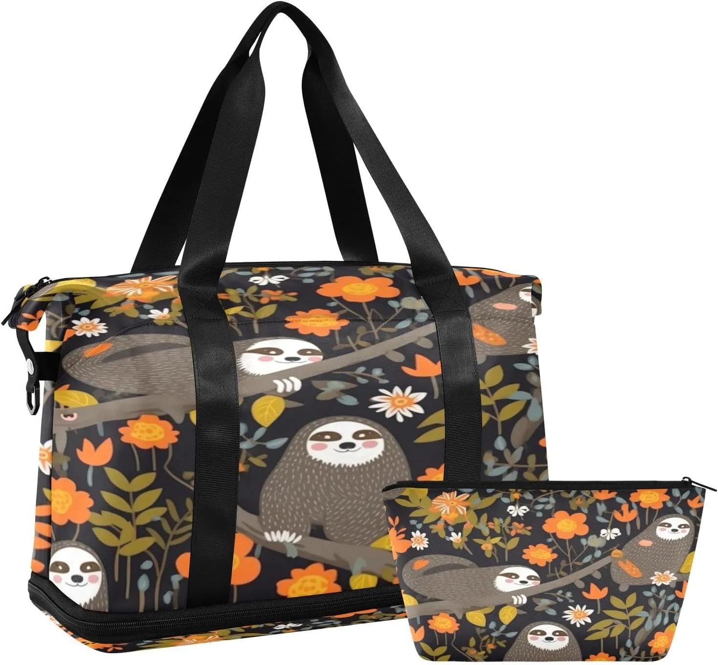 Sloths with Flowers Gym Bag for Men Women with Shoes Compartment & Wet Pocket Sport Travel Duffel Bag Waterproof Weekender Overnight Bag