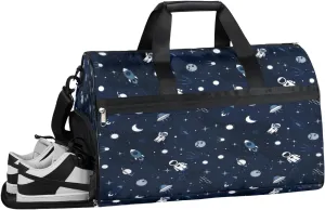 Space Astronaut Gym Bag for Men Women Spaceship Rocket Sports Duffle Bags Weekender Overnight Bag with Shoes Compartment Waterproof Travel Bags