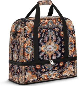 Sports Duffel Bag, Foldable Aztec Flower Travel Duffel Bag, Gym Yoga Beach Bag Weekender Overnight Bag with Shoes Compartment for Men Women, Moroccan