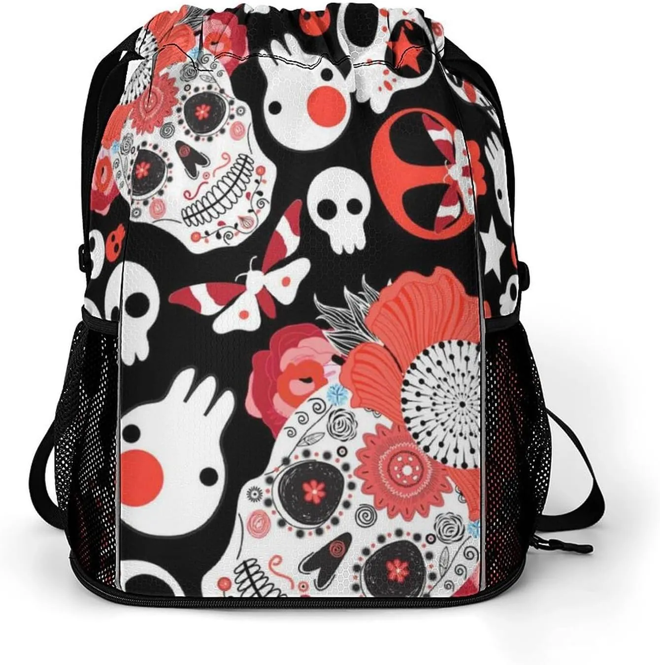 Sports Gym Backpack Compatible with Cheerful Skulls Drawstring Backpack Bag with Small Zipper Pocket, Shoes Compartment and Waterproof Pouch for Women Men