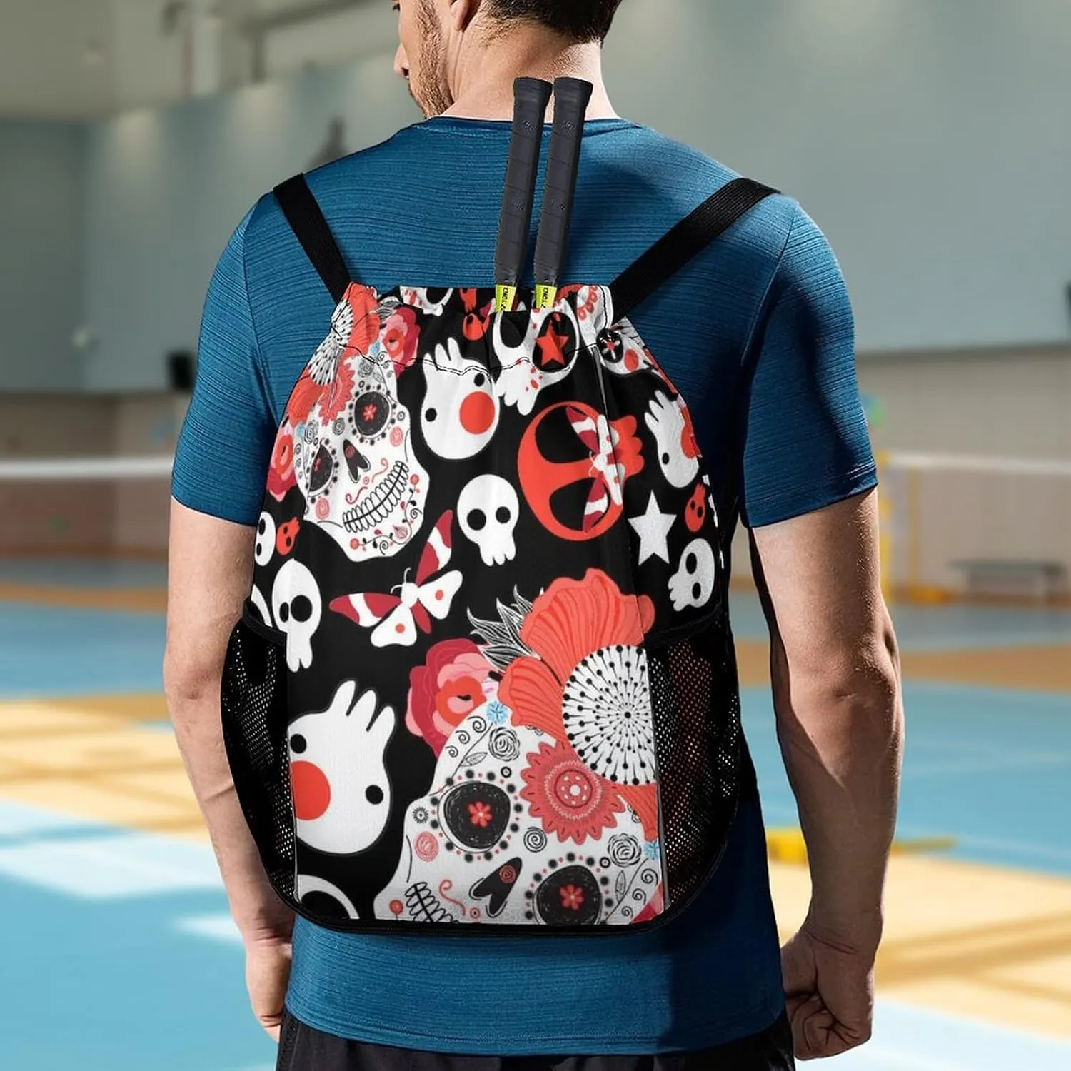 Sports Gym Backpack Compatible with Cheerful Skulls Drawstring Backpack Bag with Small Zipper Pocket, Shoes Compartment and Waterproof Pouch for Women Men
