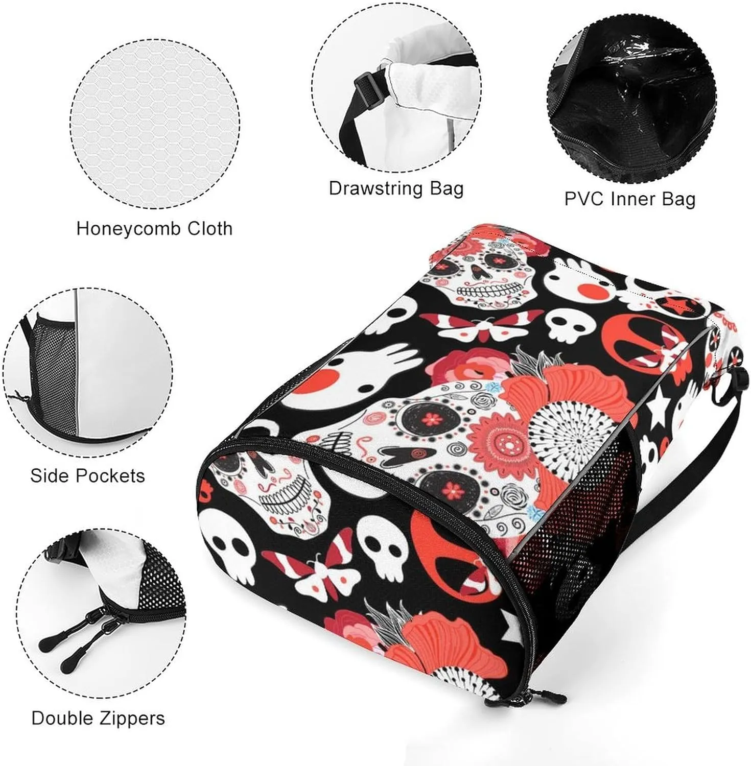 Sports Gym Backpack Compatible with Cheerful Skulls Drawstring Backpack Bag with Small Zipper Pocket, Shoes Compartment and Waterproof Pouch for Women Men