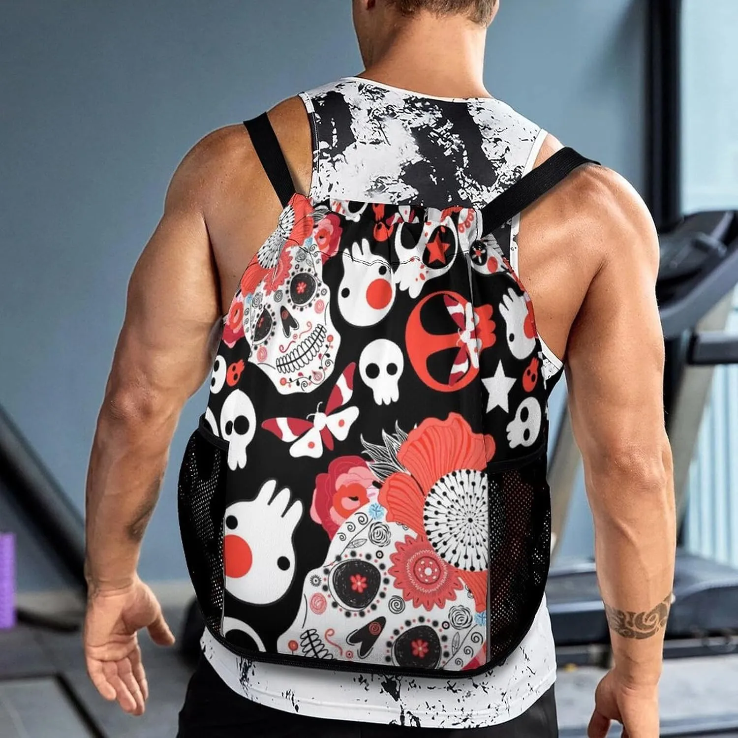 Sports Gym Backpack Compatible with Cheerful Skulls Drawstring Backpack Bag with Small Zipper Pocket, Shoes Compartment and Waterproof Pouch for Women Men