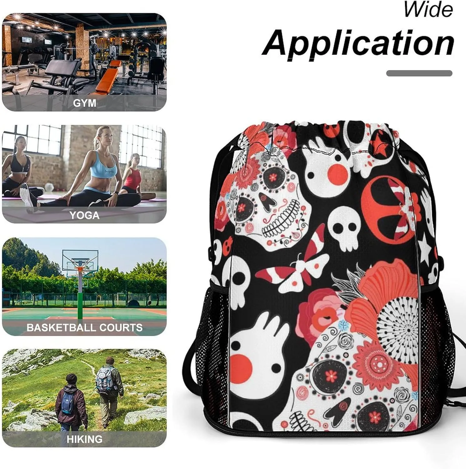 Sports Gym Backpack Compatible with Cheerful Skulls Drawstring Backpack Bag with Small Zipper Pocket, Shoes Compartment and Waterproof Pouch for Women Men