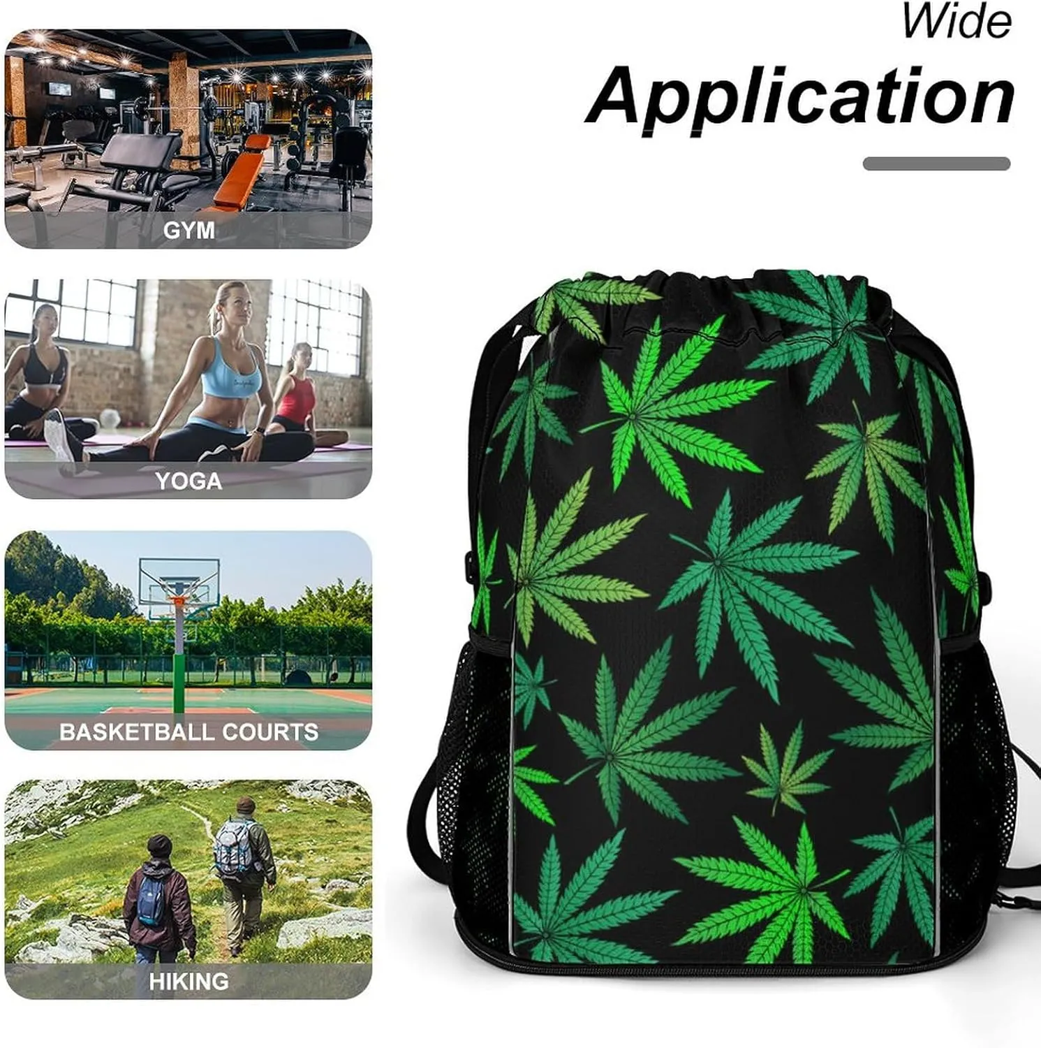 Sports Gym Backpack Compatible with Green Marijuana Drawstring Backpack Bag with Small Zipper Pocket, Shoes Compartment and Waterproof Pouch for Women Men