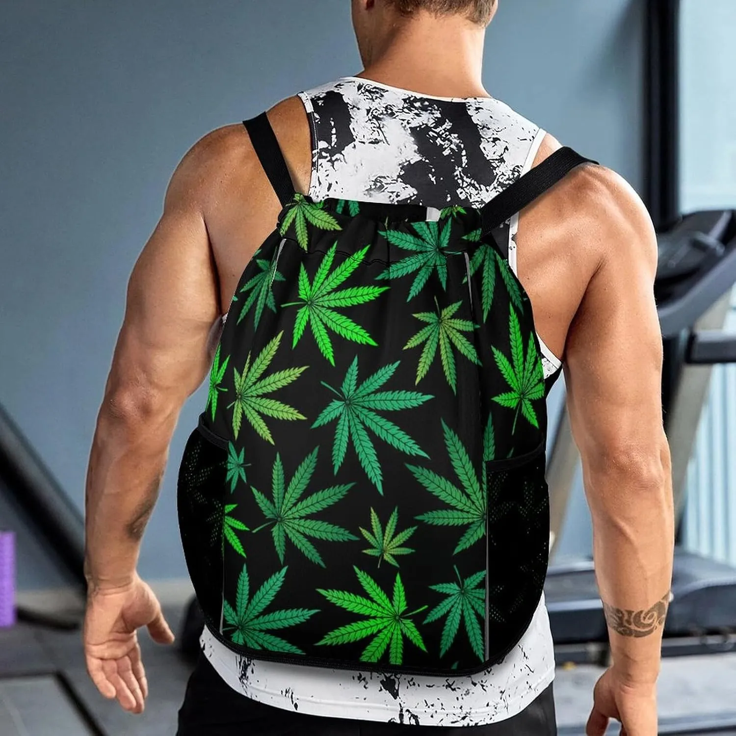Sports Gym Backpack Compatible with Green Marijuana Drawstring Backpack Bag with Small Zipper Pocket, Shoes Compartment and Waterproof Pouch for Women Men