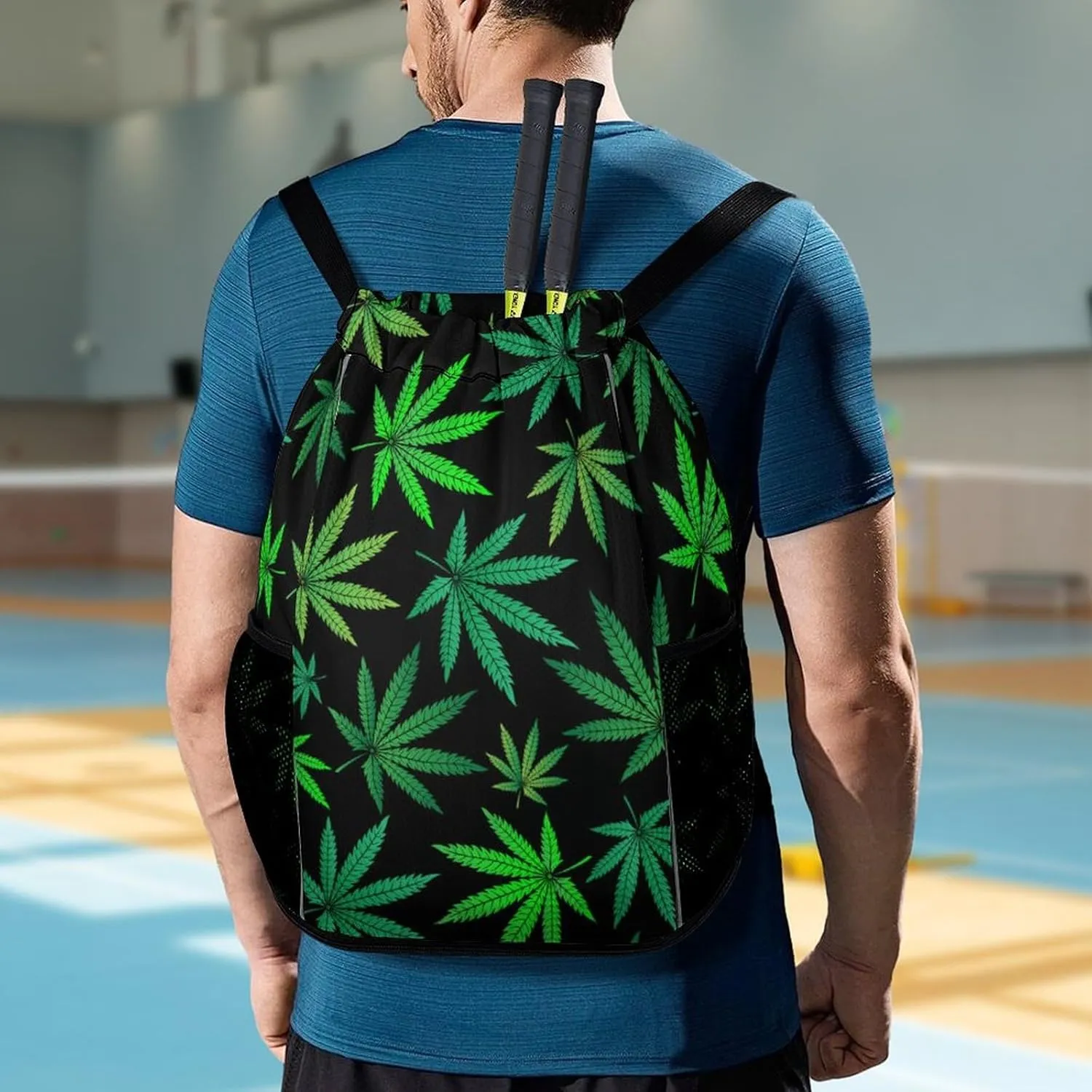 Sports Gym Backpack Compatible with Green Marijuana Drawstring Backpack Bag with Small Zipper Pocket, Shoes Compartment and Waterproof Pouch for Women Men