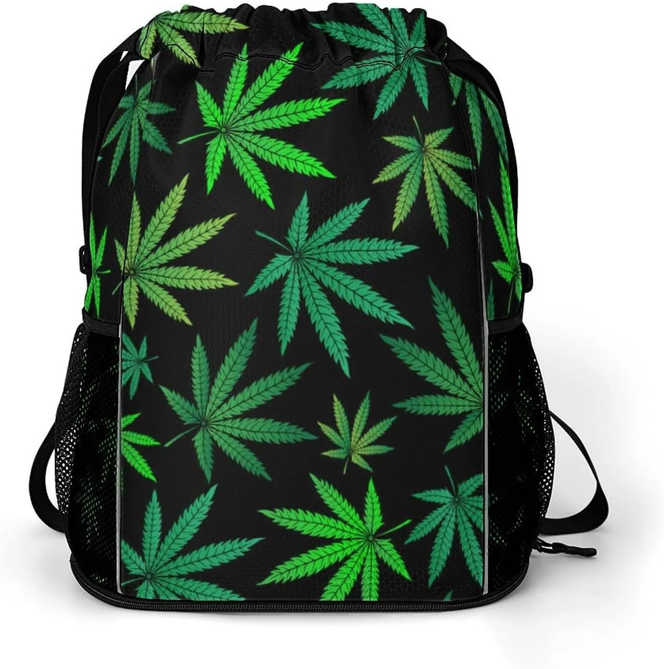 Sports Gym Backpack Compatible with Green Marijuana Drawstring Backpack Bag with Small Zipper Pocket, Shoes Compartment and Waterproof Pouch for Women Men