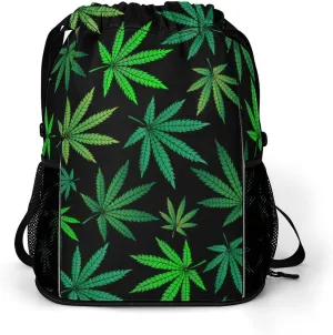 Sports Gym Backpack Compatible with Green Marijuana Drawstring Backpack Bag with Small Zipper Pocket, Shoes Compartment and Waterproof Pouch for Women Men