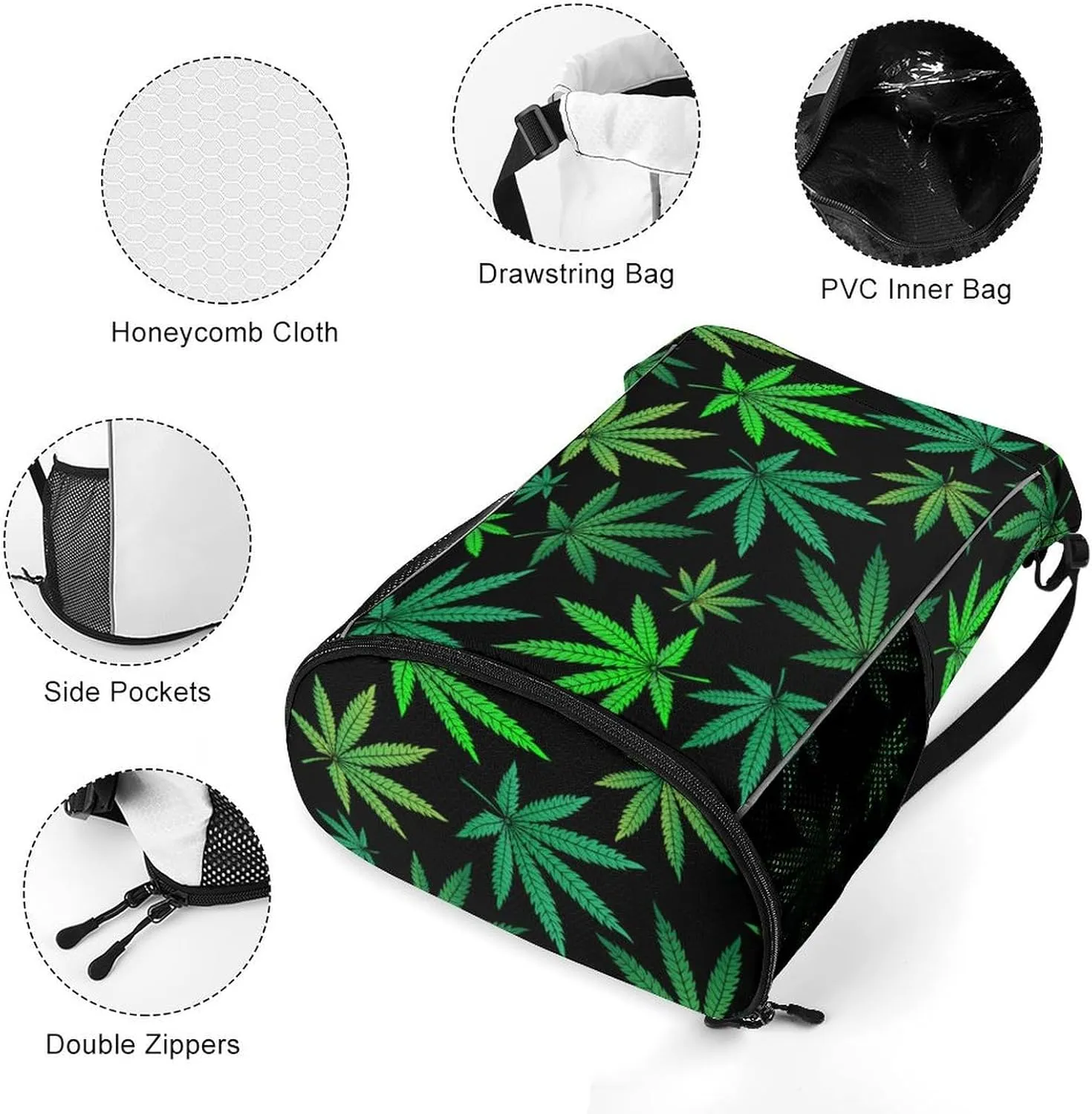 Sports Gym Backpack Compatible with Green Marijuana Drawstring Backpack Bag with Small Zipper Pocket, Shoes Compartment and Waterproof Pouch for Women Men
