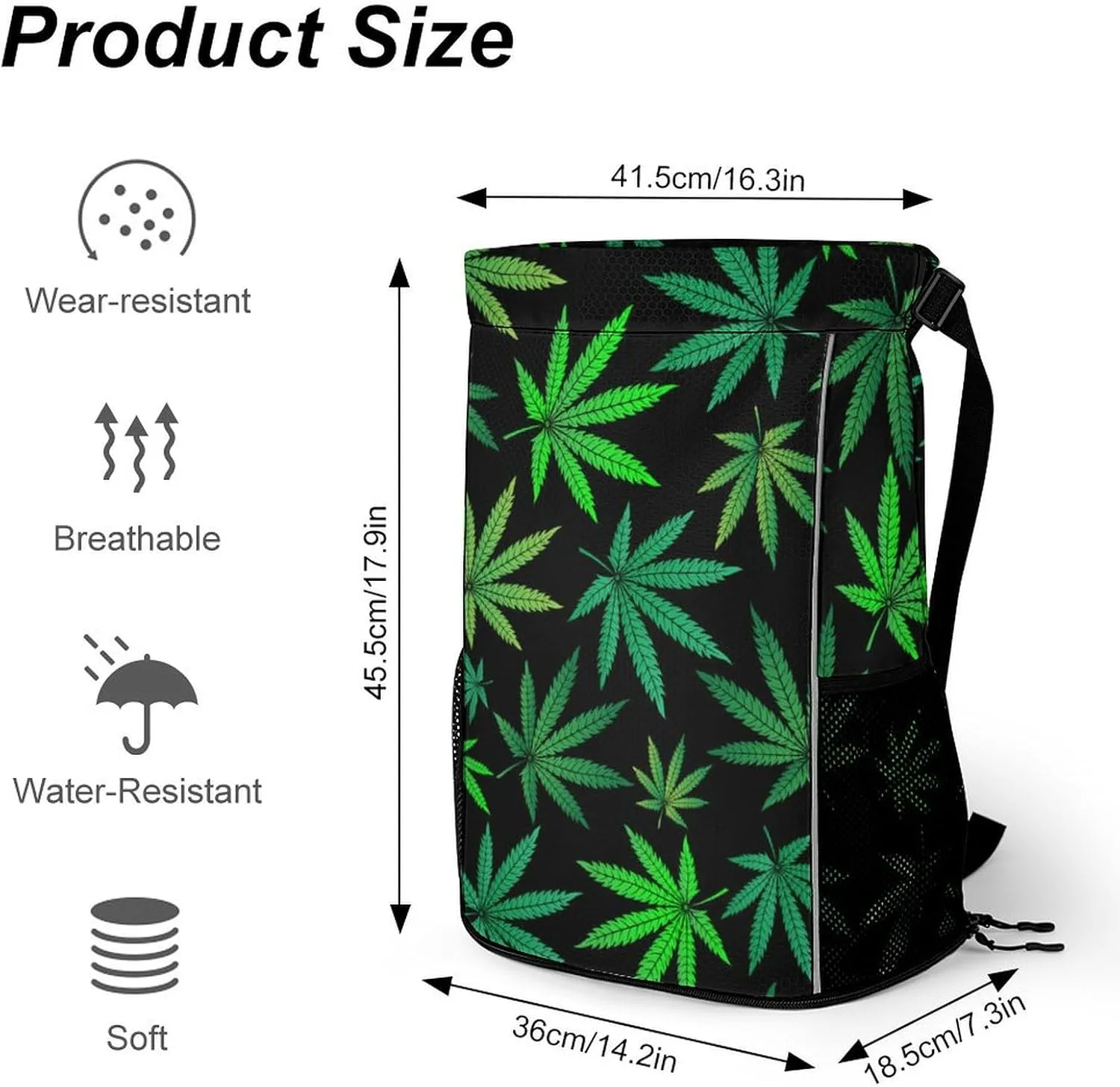 Sports Gym Backpack Compatible with Green Marijuana Drawstring Backpack Bag with Small Zipper Pocket, Shoes Compartment and Waterproof Pouch for Women Men