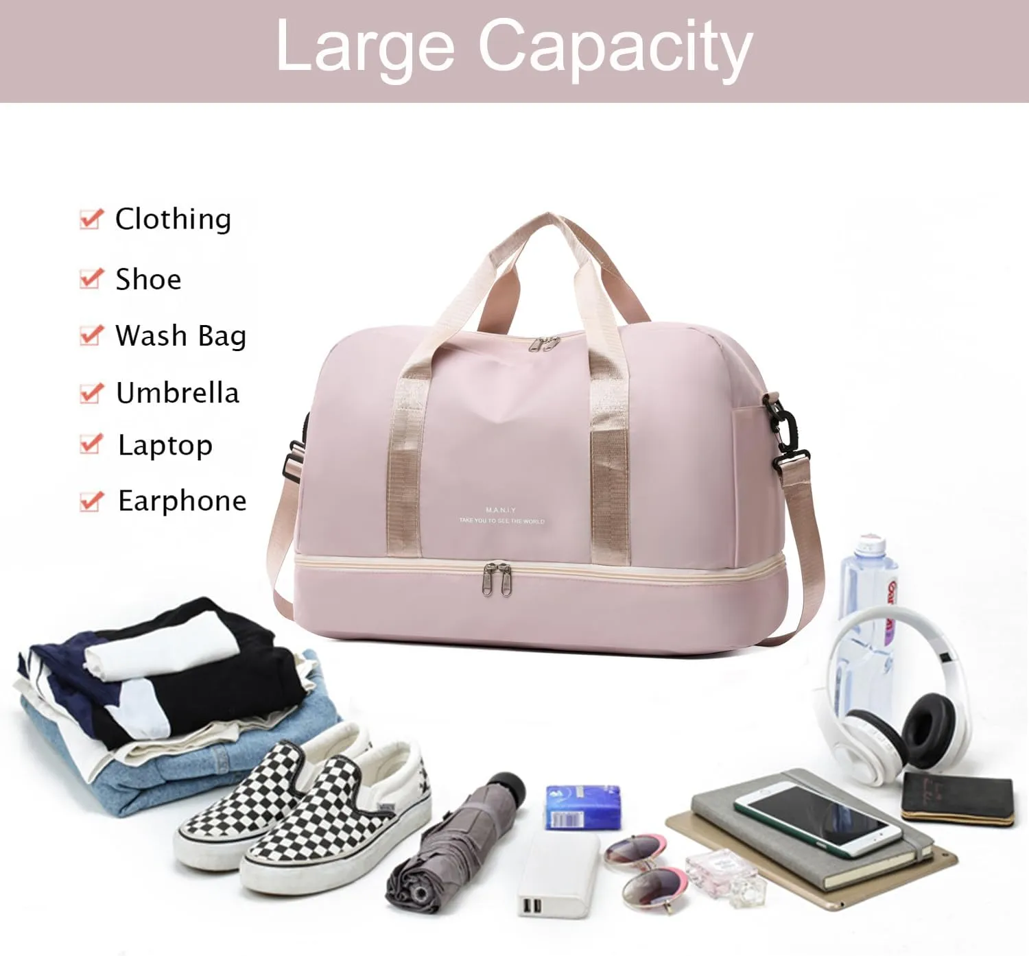 Sports Travel Duffel Bag for Women,Light Gym Bag with Shoe Compartment,Large Capacity Weekender Overnight with Wet Pocket for Lady Travel, Gym, Yoga Black, Beige