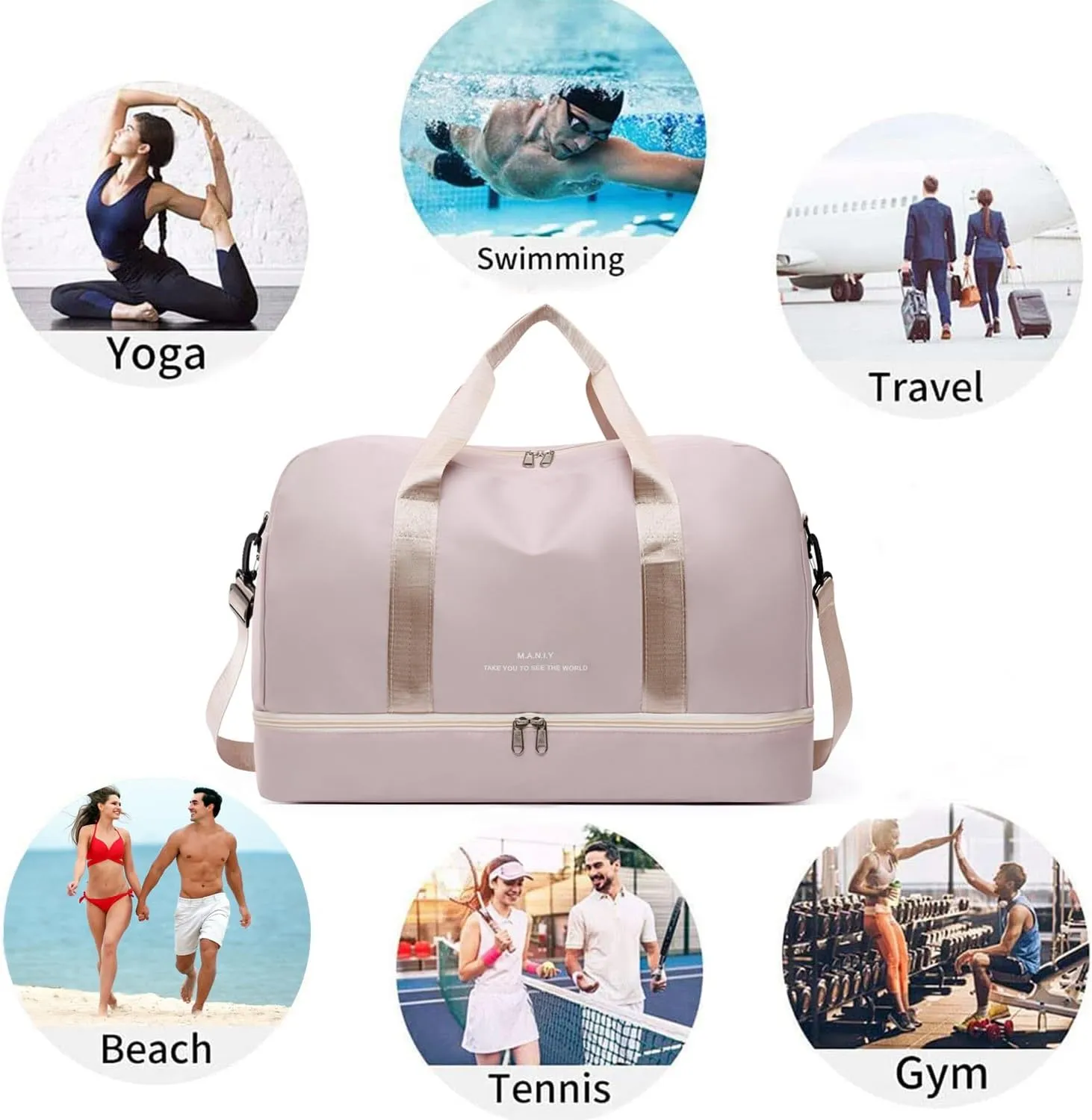 Sports Travel Duffel Bag for Women,Light Gym Bag with Shoe Compartment,Large Capacity Weekender Overnight with Wet Pocket for Lady Travel, Gym, Yoga Black, Beige