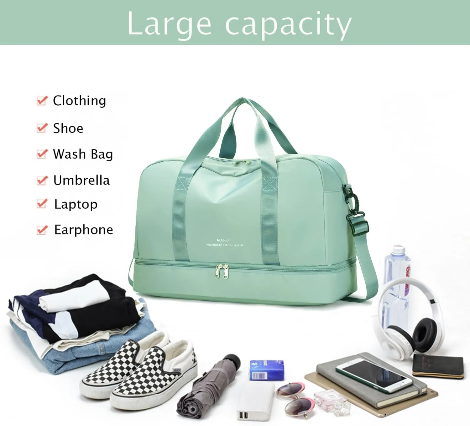 Sports Travel Duffel Bag for Women,Light Gym Bag with Shoe Compartment,Large Capacity Weekender Overnight with Wet Pocket for Lady Travel, Gym, Yoga Black, Green