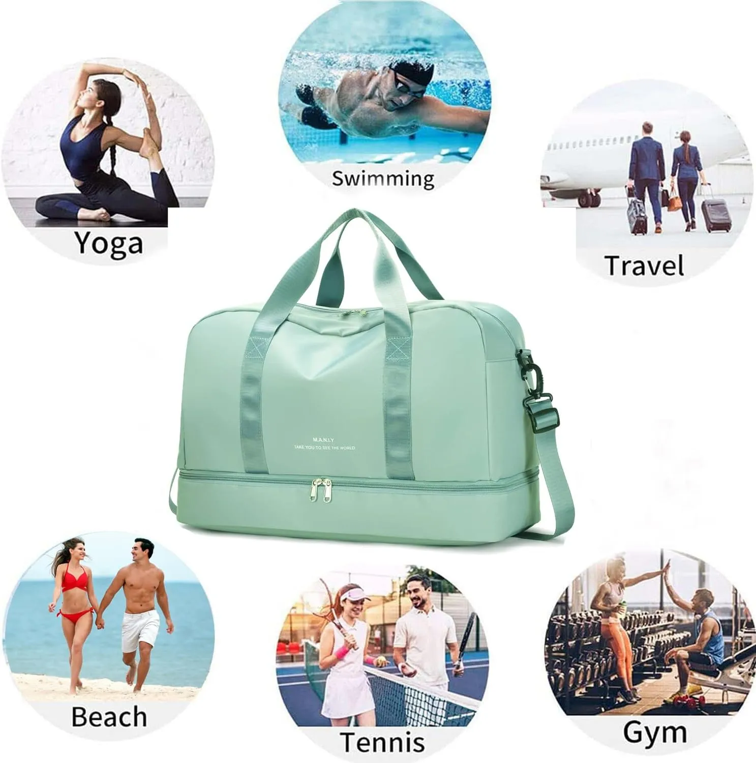 Sports Travel Duffel Bag for Women,Light Gym Bag with Shoe Compartment,Large Capacity Weekender Overnight with Wet Pocket for Lady Travel, Gym, Yoga Black, Green
