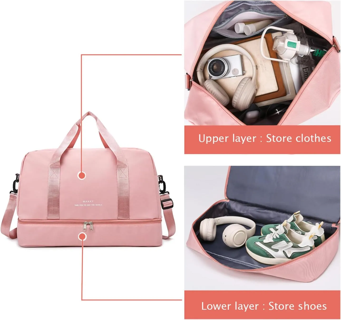 Sports Travel Duffel Bag for Women,Light Gym Bag with Shoe Compartment,Large Capacity Weekender Overnight with Wet Pocket for Lady Travel, Gym, Yoga Black, Light pink