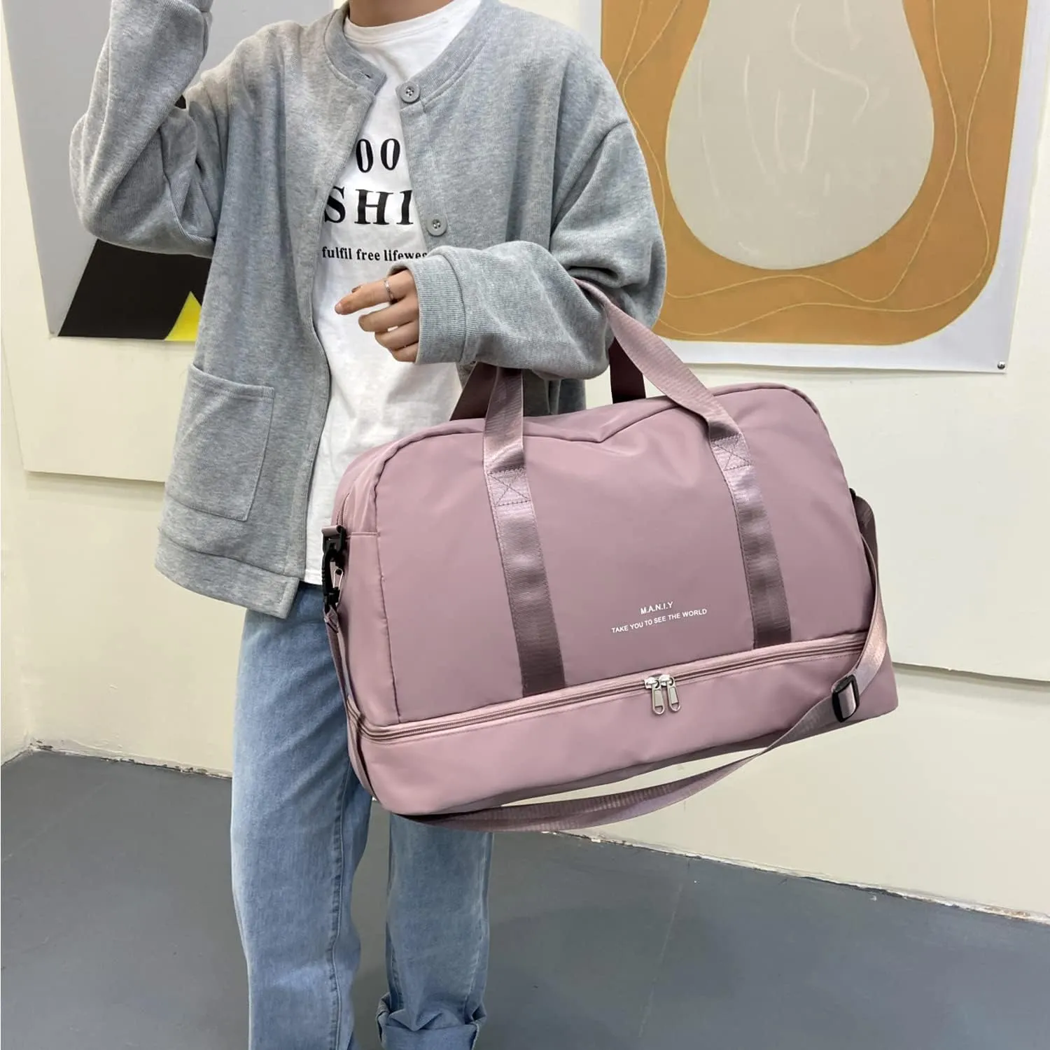 Sports Travel Duffel Bag for Women,Light Gym Bag with Shoe Compartment,Large Capacity Weekender Overnight with Wet Pocket for Lady Travel, Gym, Yoga Black, Pink