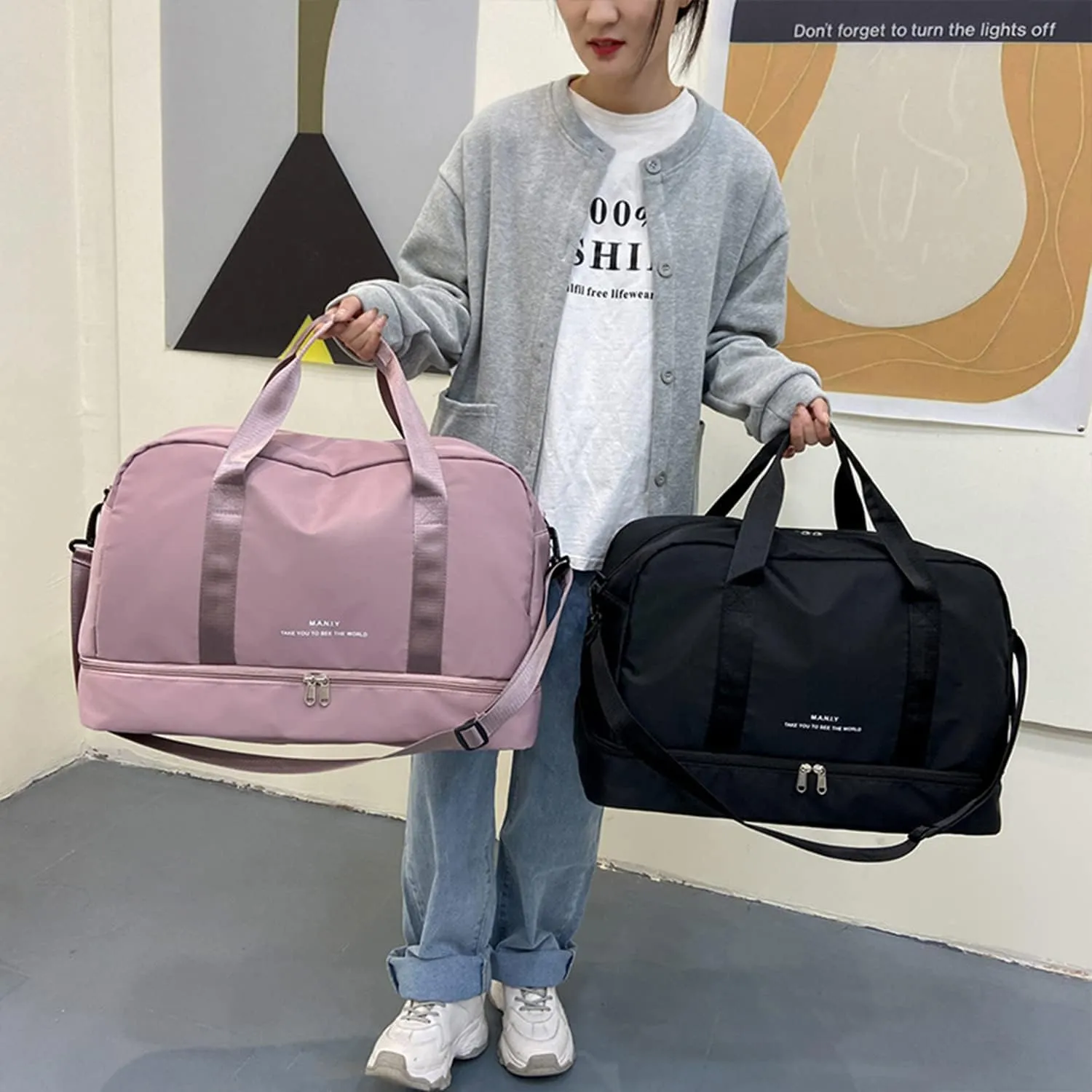 Sports Travel Duffel Bag for Women,Light Gym Bag with Shoe Compartment,Large Capacity Weekender Overnight with Wet Pocket for Lady Travel, Gym, Yoga Black, Pink