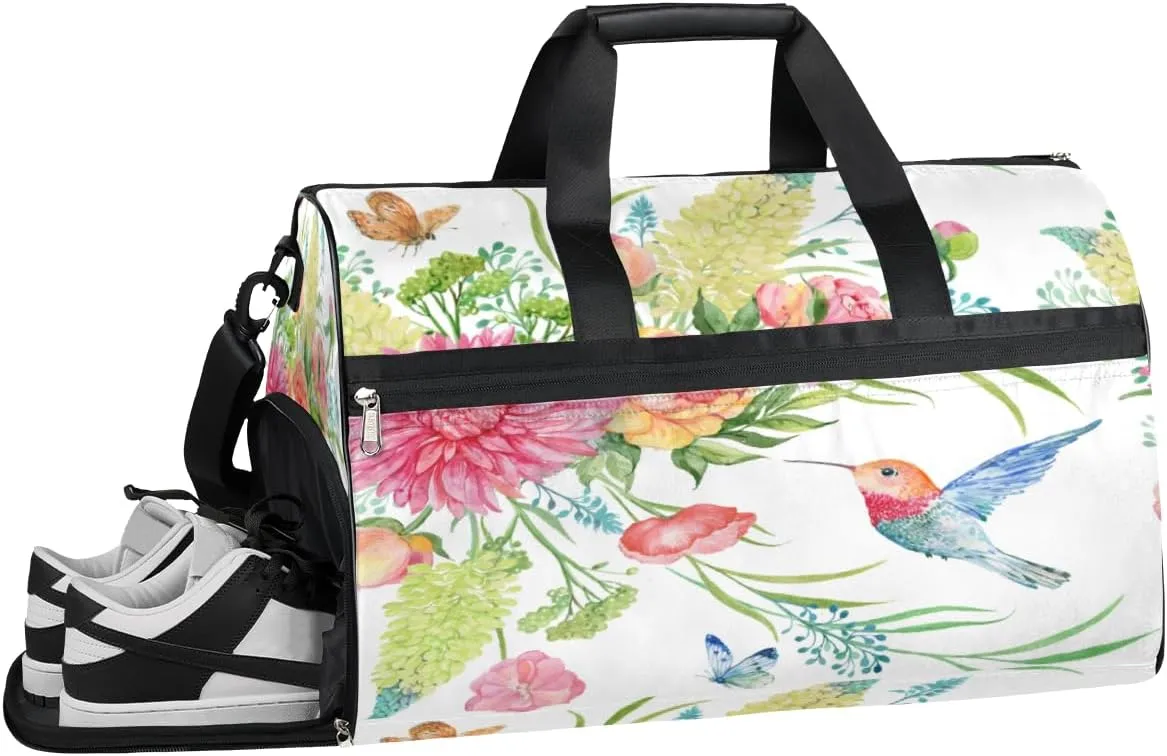 Spring Flower Buttlerfly Gym Bag for Men Women Fitness Workout Sports Duffle Bag with Shoes Compartment Water Resistant Overnight Weekender Duffel Bag