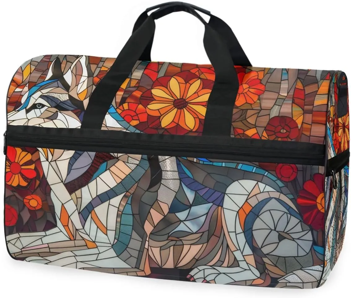 Stained Glass Husky Dog Travel Duffel Bag Luggage Sports Gym Bags With Shoes Compartment Large Capacity Lightweight Duffle Bag For Men Women