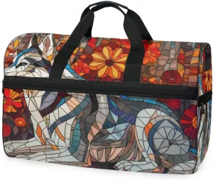 Stained Glass Husky Dog Travel Duffel Bag Luggage Sports Gym Bags With Shoes Compartment Large Capacity Lightweight Duffle Bag For Men Women