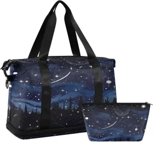 Stars and Moon Sports Gym Bag,Travel Duffel bag with Wet Pocket & Shoes Compartment Lightweight Waterproof Overnight Bag for Men Women