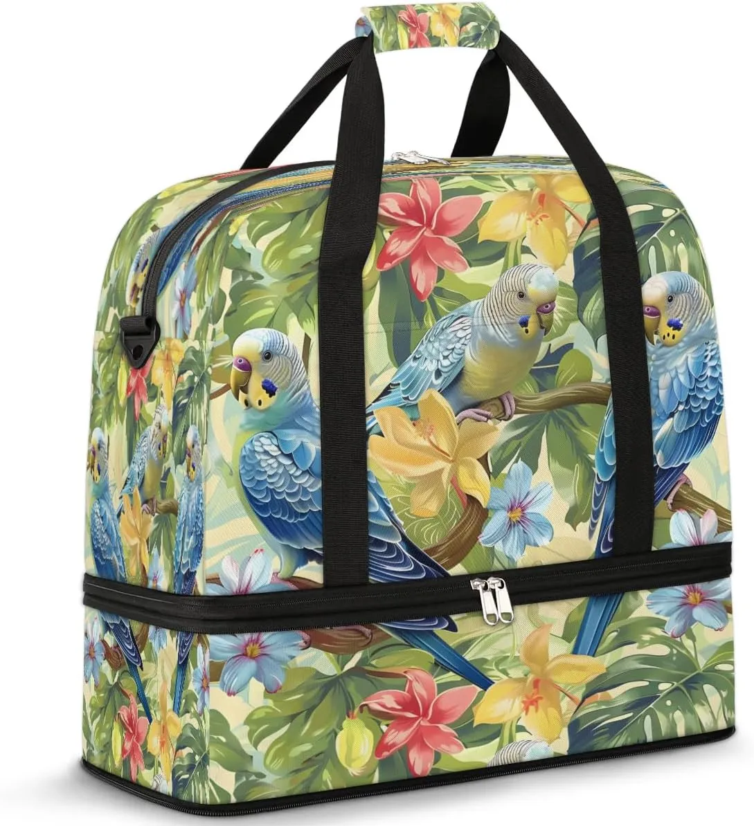 Summer Bird Pineapple Tropical Floral Foldable Travel Duffel Bag Overnight Weekender Bags with Shoes Compartment Sports Gym Bags for Men Women