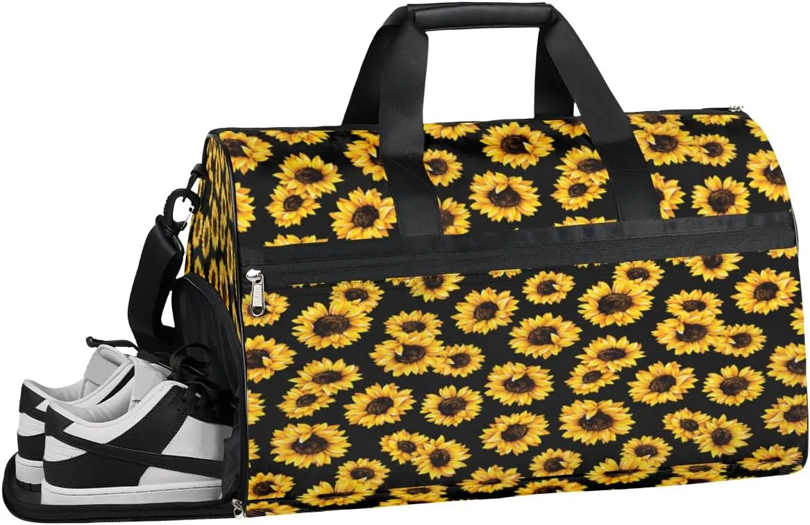 Sunflowers Black Gym Bag for Men Women Fitness Workout Sports Duffle Bag with Shoes Compartment Vivid Flowers Water Resistant Overnight Weekender Duffel Bag