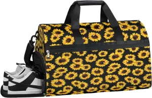 Sunflowers Black Gym Bag for Men Women Fitness Workout Sports Duffle Bag with Shoes Compartment Vivid Flowers Water Resistant Overnight Weekender Duffel Bag