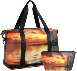 Sunset Light House Sports Gym Bag,Travel Duffel bag with Wet Pocket & Shoes Compartment Lightweight Waterproof Overnight Bag for Men Women