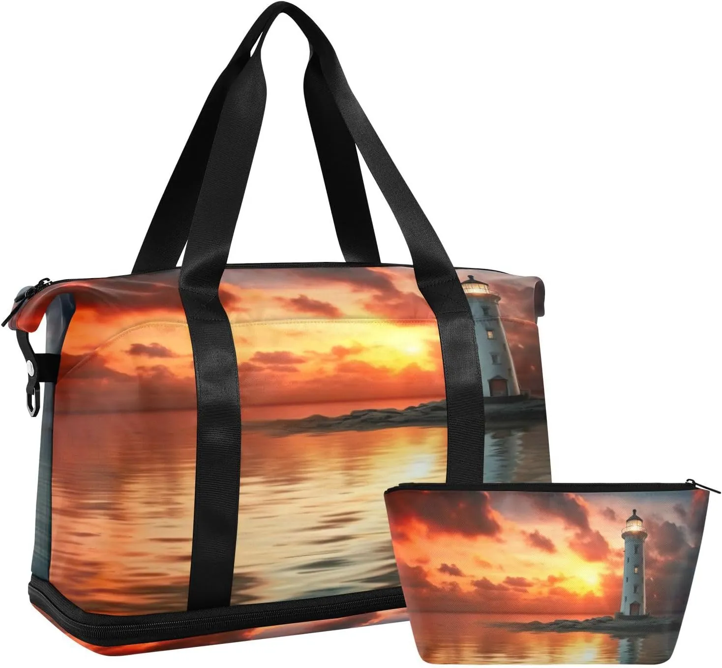 Sunset Light House Sports Gym Bag,Travel Duffel bag with Wet Pocket & Shoes Compartment Lightweight Waterproof Overnight Bag for Men Women