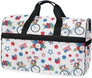 susiyo 4th Of July Patriotic Blue Bicycle Sports Gym Bag, Travel Duffel Bag with Shoes Compartment Overnight Weekender Workout Bag for Men Women