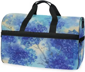 susiyo Blue Flowers Hydrangeas Watercolor Sports Gym Bag, Travel Duffel Bag with Shoes Compartment Overnight Weekender Workout Bag for Men Women