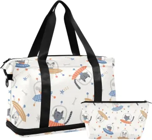susiyo Duffel Bags Gym Bag for Women, Animals in Ufo Hand Drawn Sports Travel Duffel Bag with Shoes Compartment, Perfect for Travel, Gym