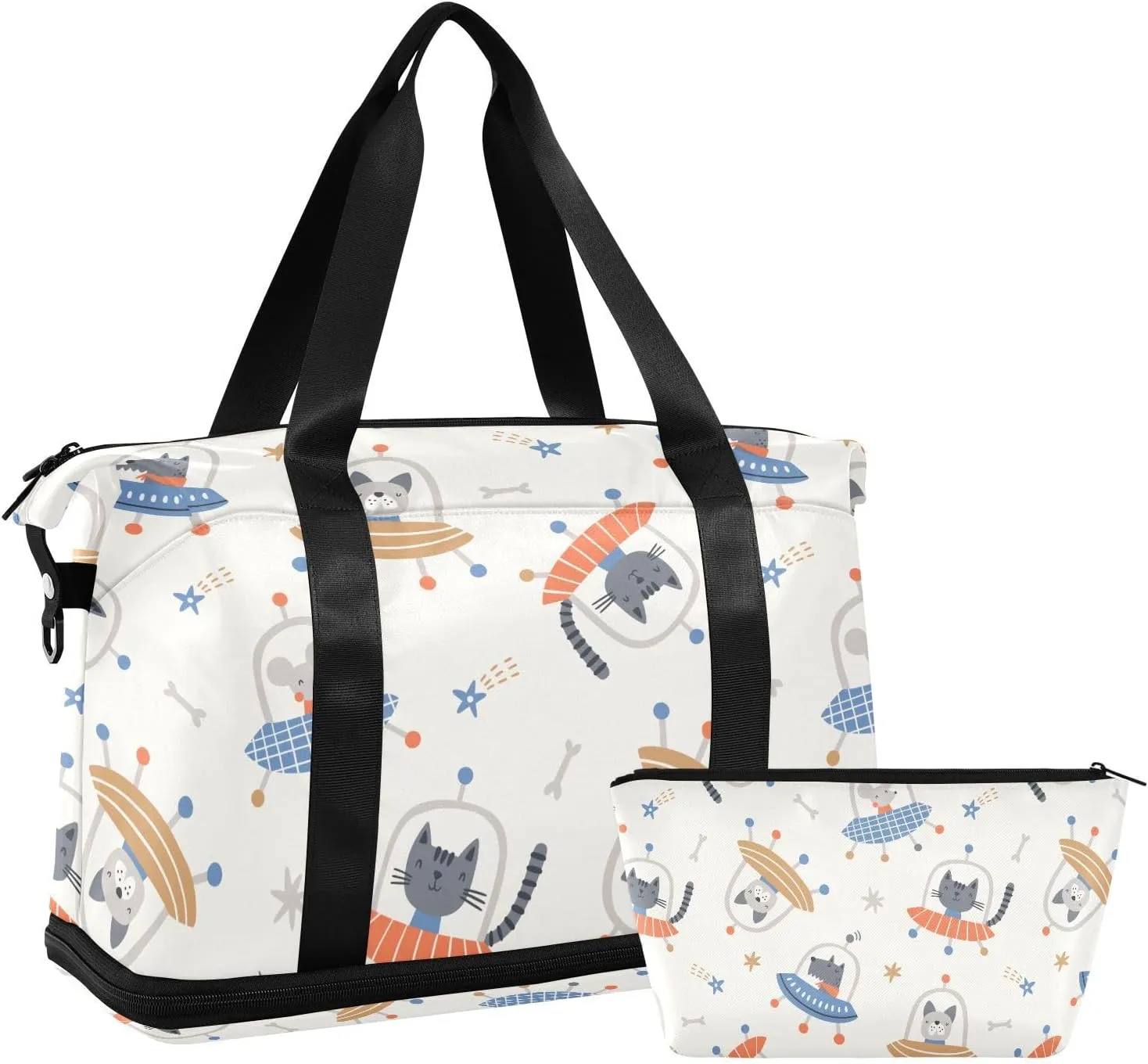 susiyo Duffel Bags Gym Bag for Women, Animals in Ufo Hand Drawn Sports Travel Duffel Bag with Shoes Compartment, Perfect for Travel, Gym